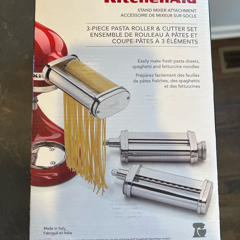 KitchenAid Silver Pasta Roller & Cutter 3-Piece Set with Red Mixer Accent - NWT